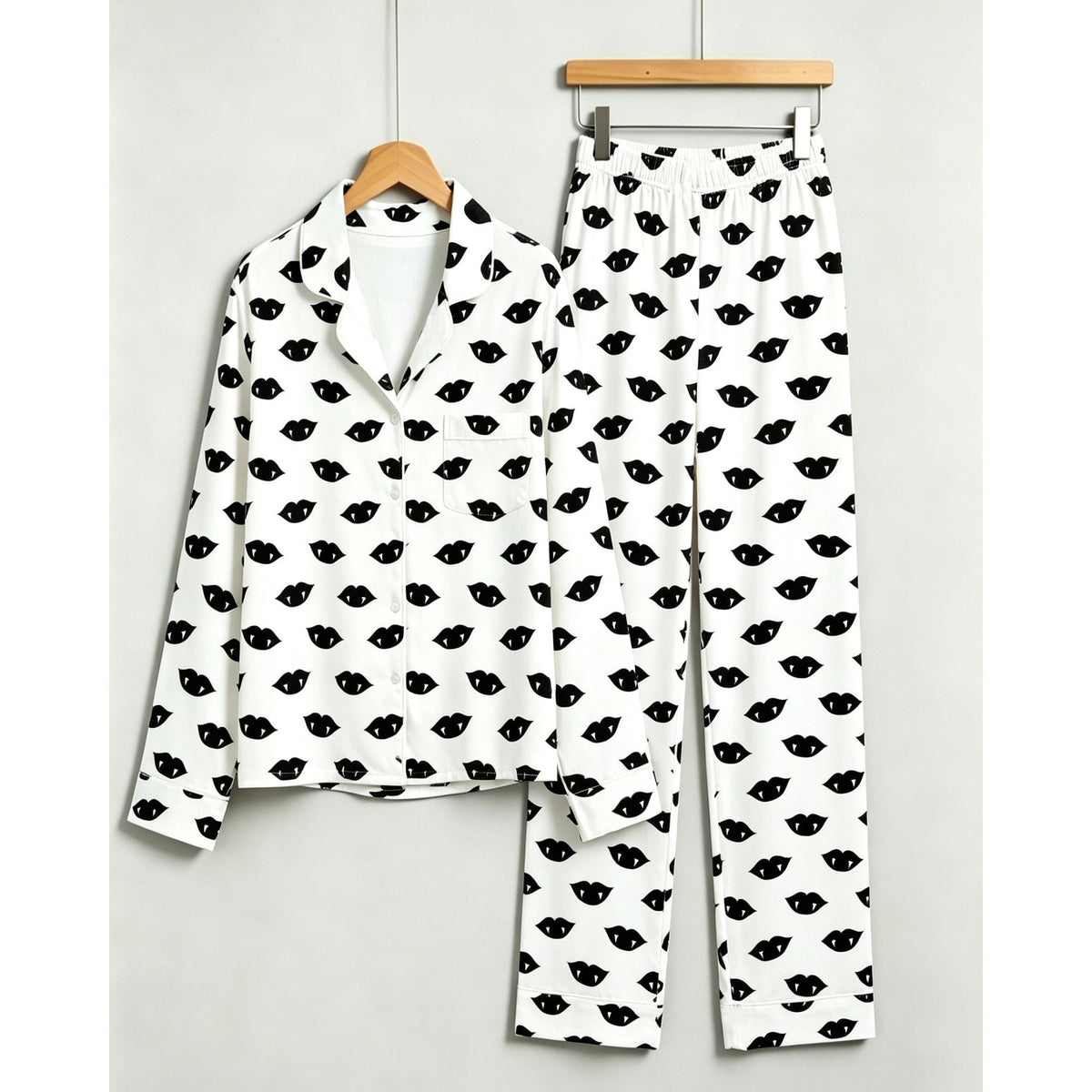 Minimalist Halloween Vampire Lips Print Matching Family Pajama Set, Button-Down Cotton Loungewear