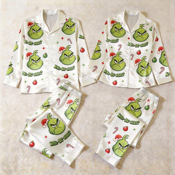 Holiday Cartoon Character and WHO-BE-WHAT? Print Satin Matching Pajamas for Couples – Long Sleeve Button-Down Top & Pants Sleepwear Set