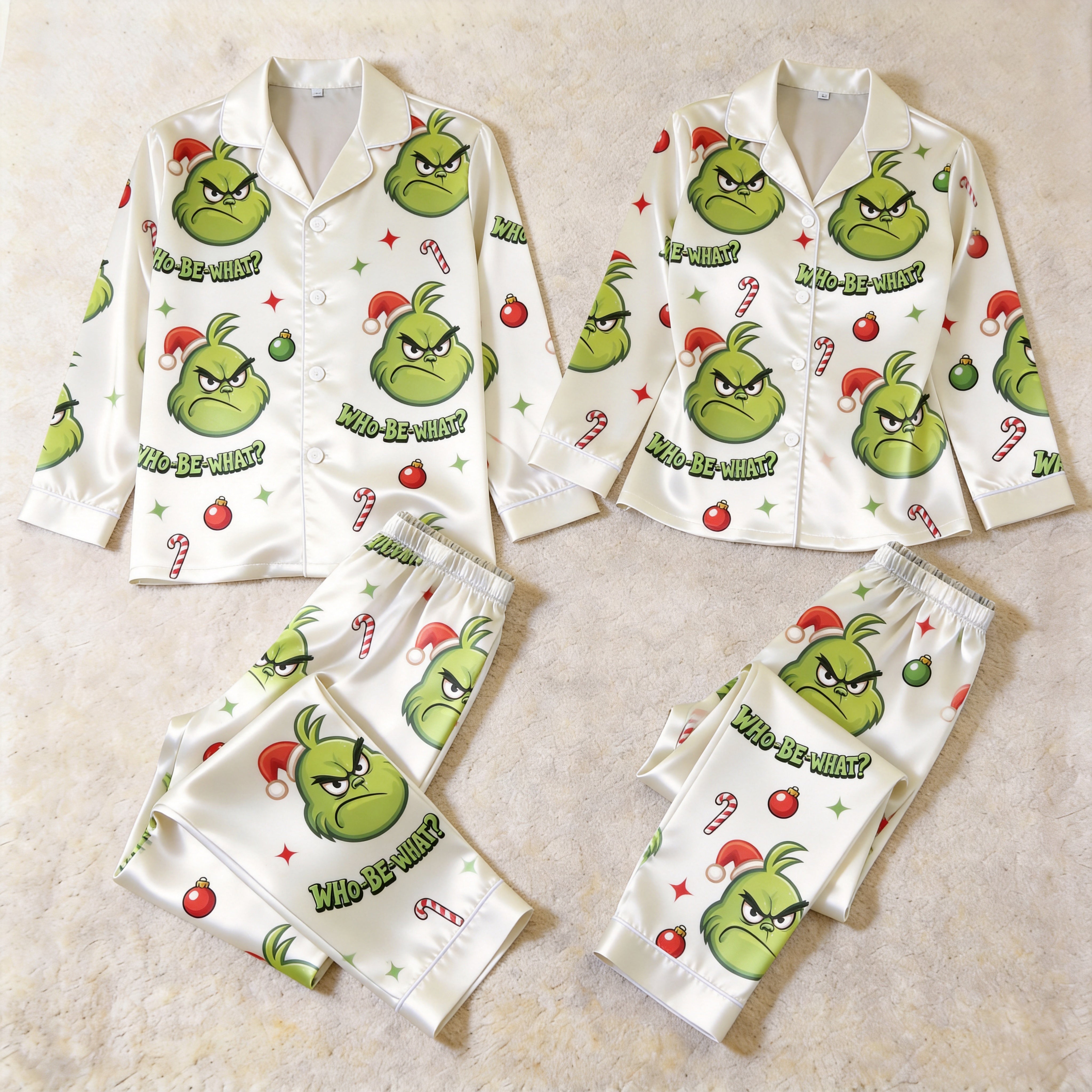 Holiday Cartoon Character and WHO-BE-WHAT? Print Satin Matching Pajamas for Couples – Long Sleeve Button-Down Top & Pants Sleepwear Set