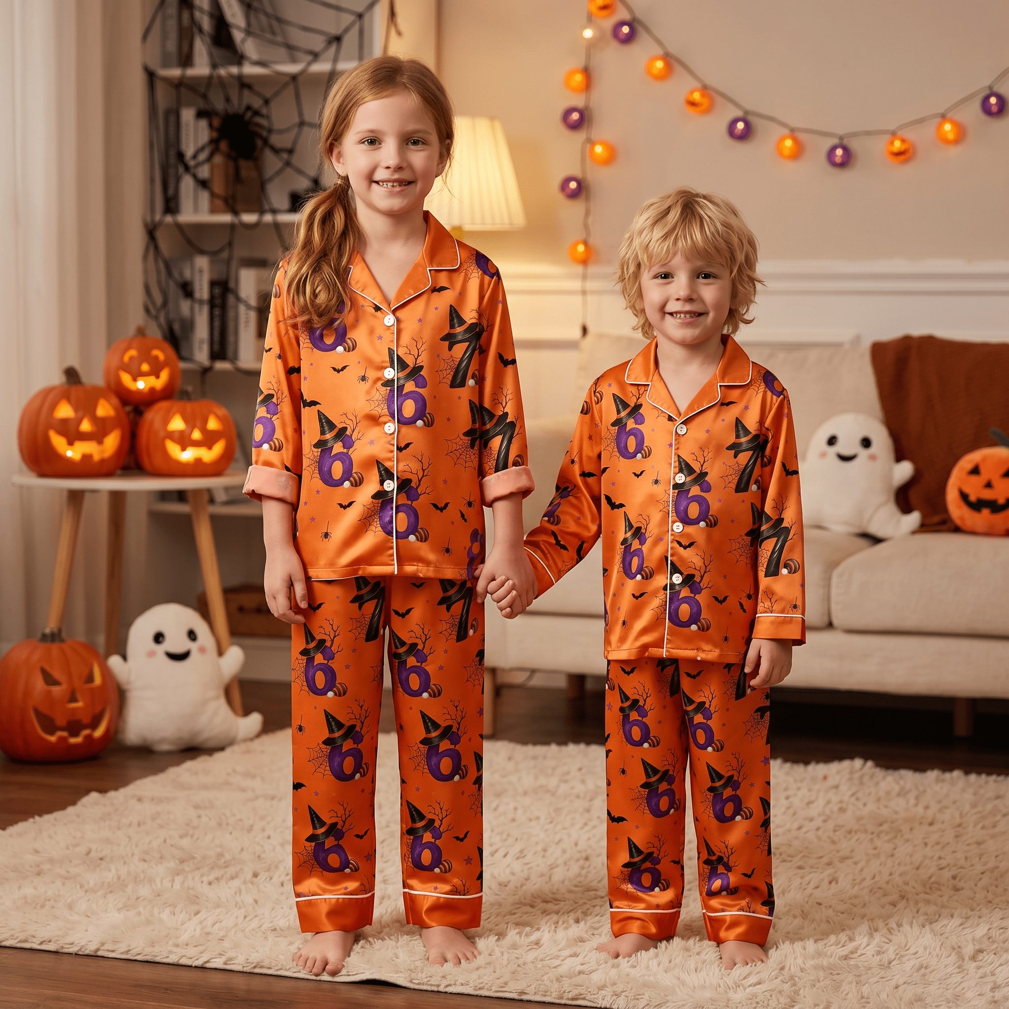 Orange Witch Hat & 67 Number Print Satin Button-Up Family Halloween Pajamas Set