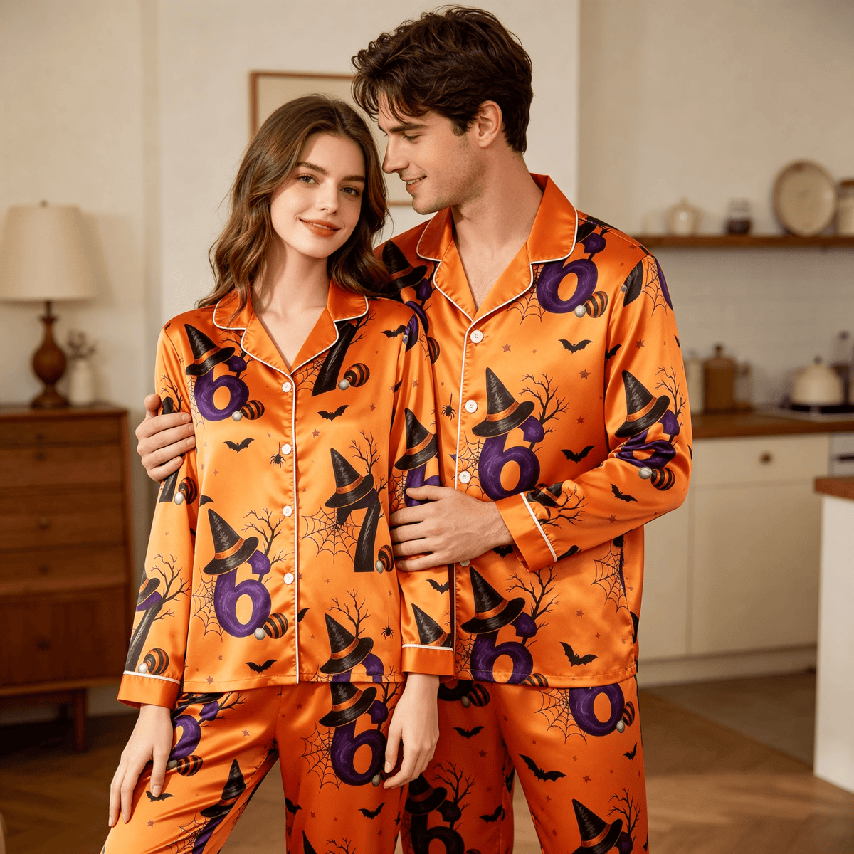 Halloween Number 67 Witch Hat Satin Matching Pajamas for Couples – Long Sleeve Button-Down Top & Pants Sleepwear Set