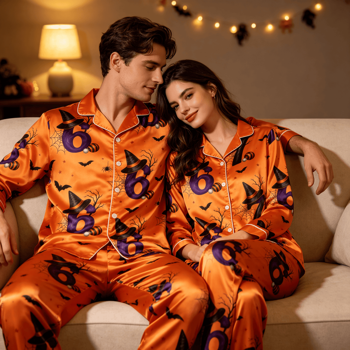 Halloween Number 67 Witch Hat Satin Matching Pajamas for Couples – Long Sleeve Button-Down Top & Pants Sleepwear Set