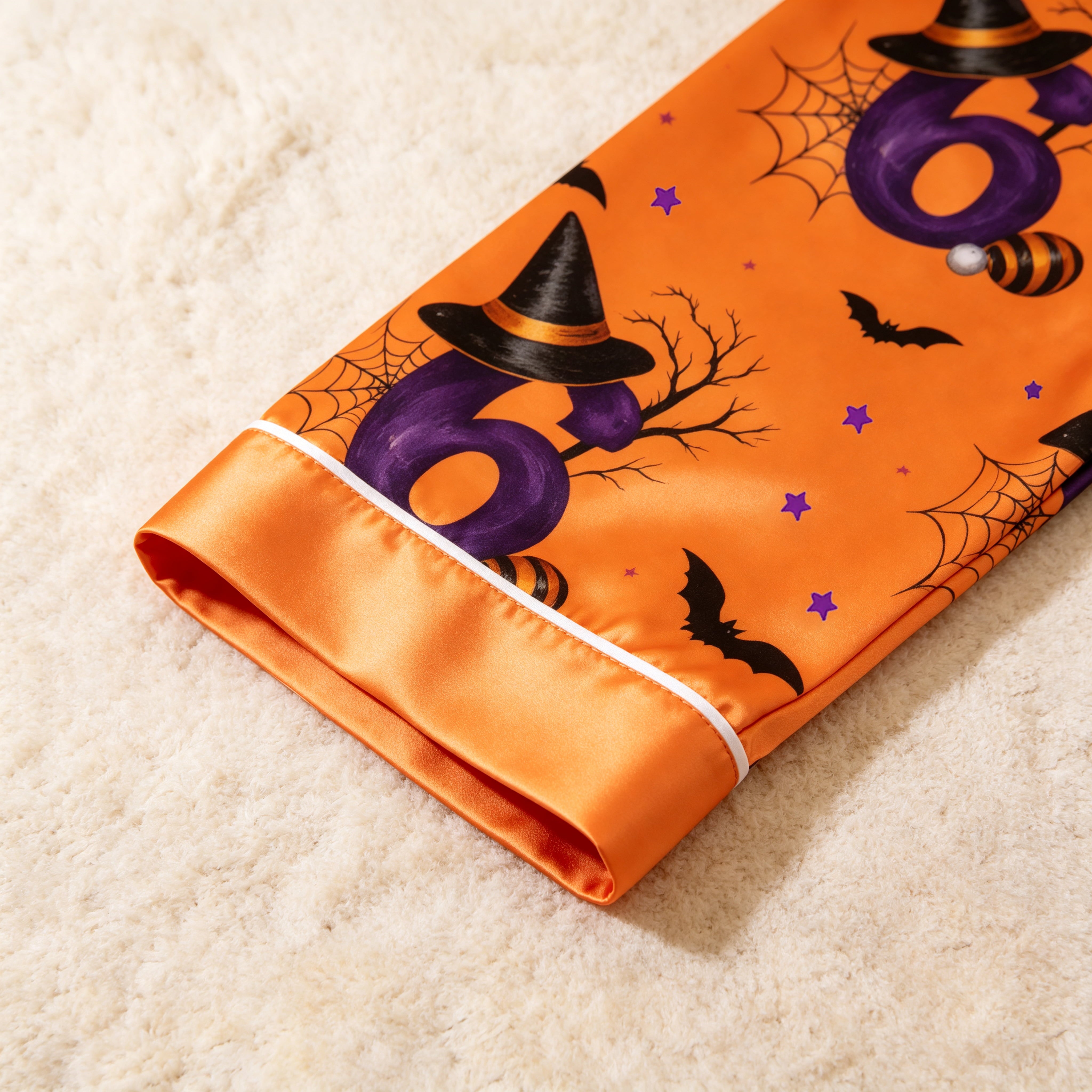 Orange Witch Hat & 67 Number Print Satin Button-Up Family Halloween Pajamas Set