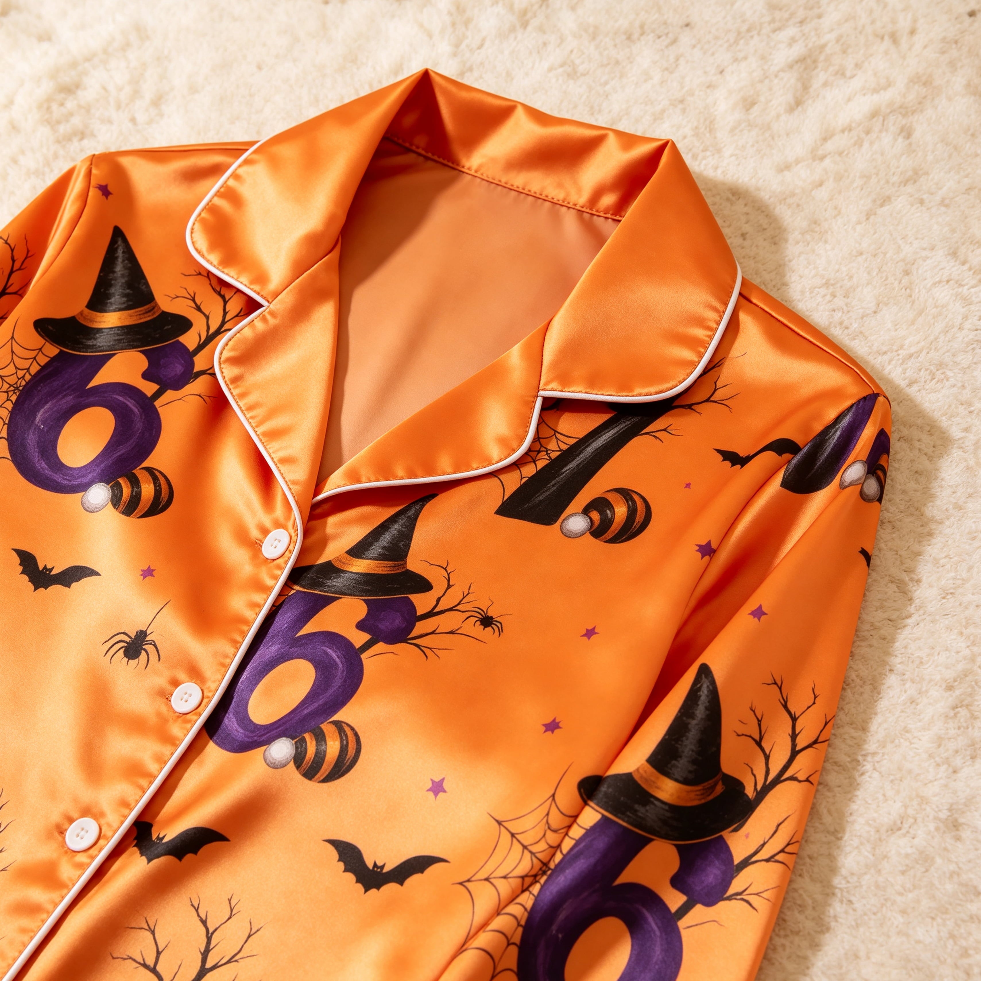 Orange Witch Hat & 67 Number Print Satin Button-Up Family Halloween Pajamas Set