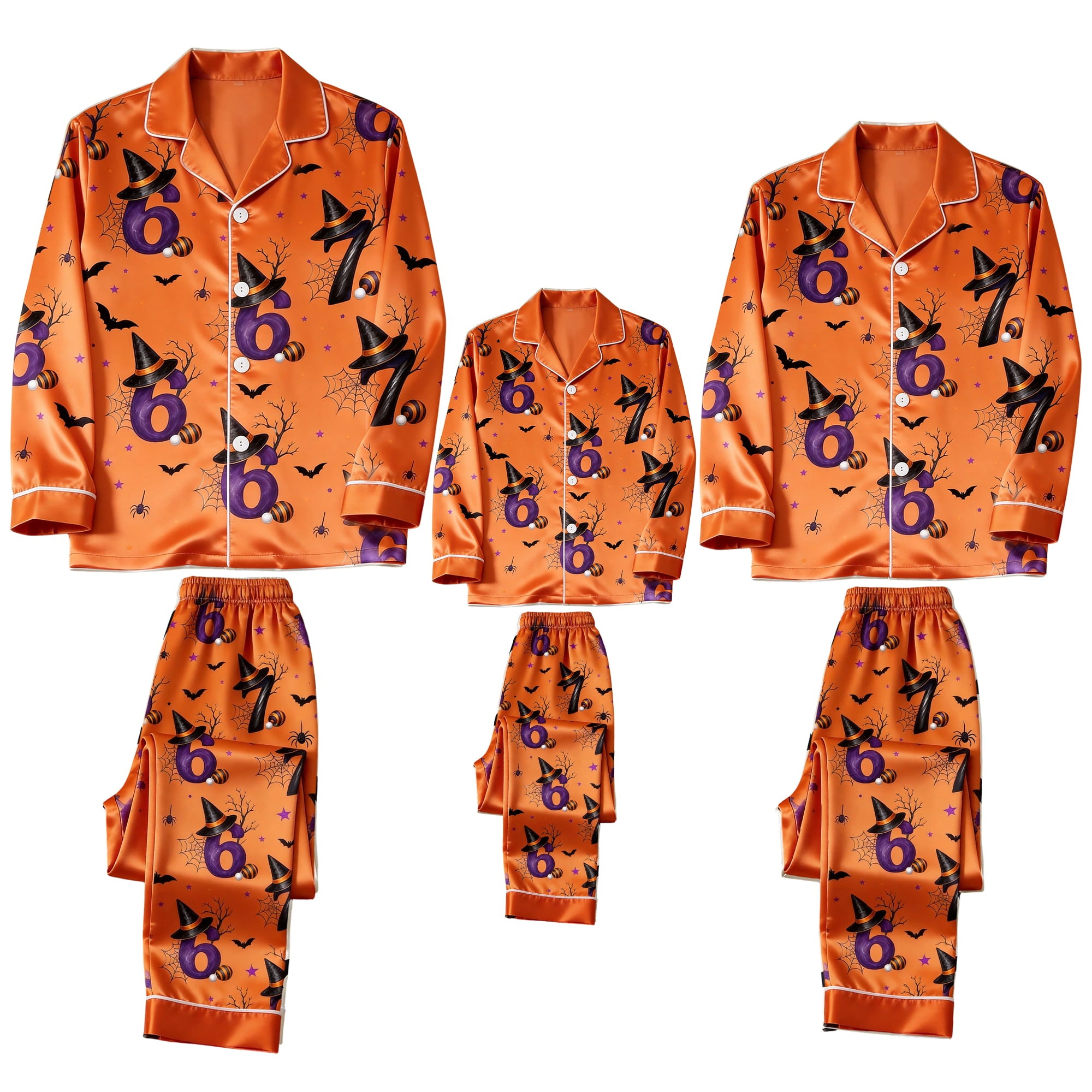 Orange Witch Hat & 67 Number Print Satin Button-Up Family Halloween Pajamas Set