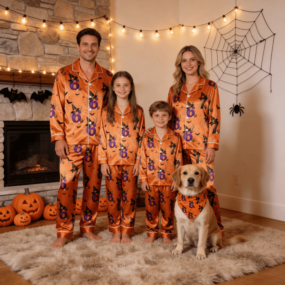Orange Witch Hat & 67 Number Print Satin Button-Up Family Halloween Pajamas Set