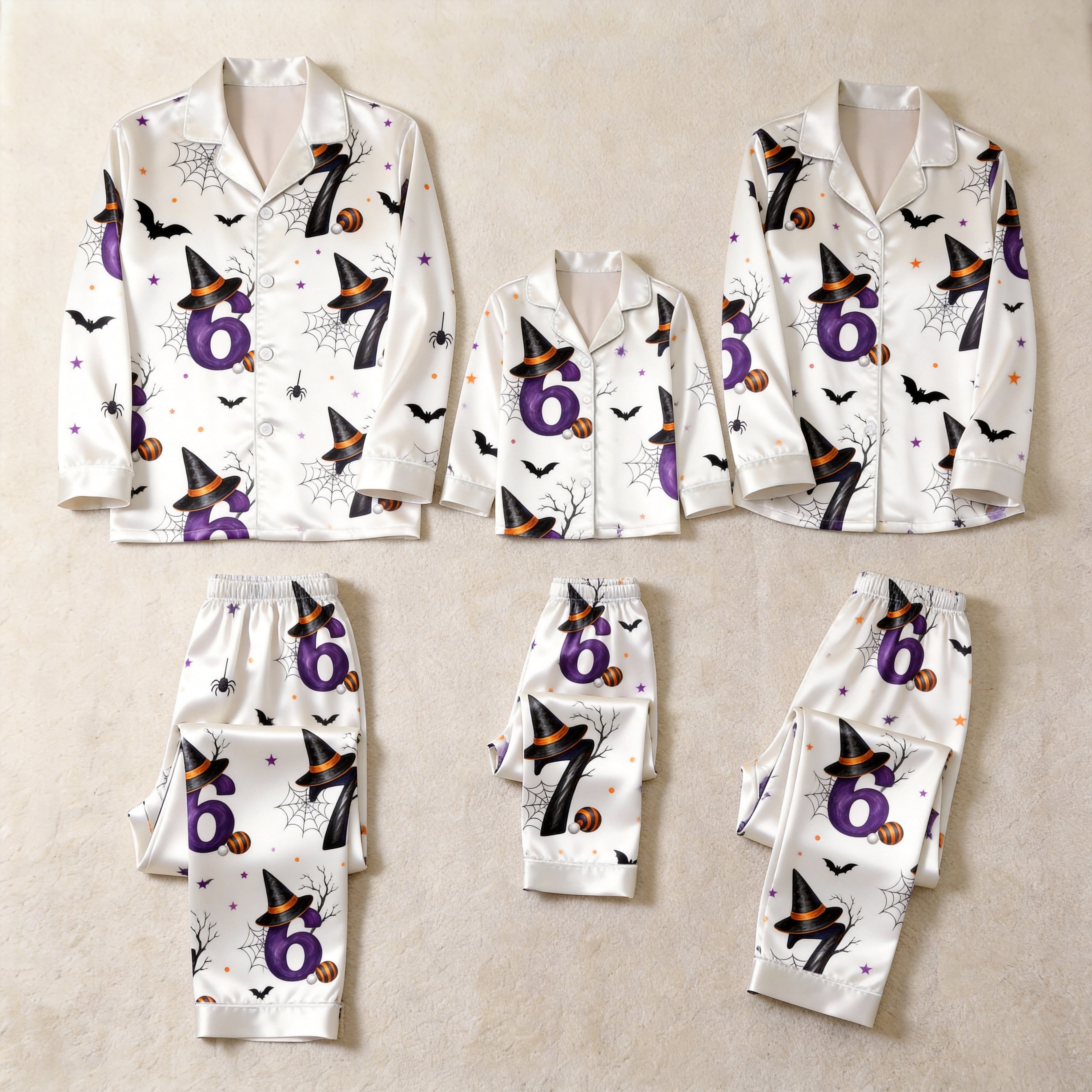 Orange Witch Hat & 67 Number Print Satin Button-Up Family Halloween Pajamas Set