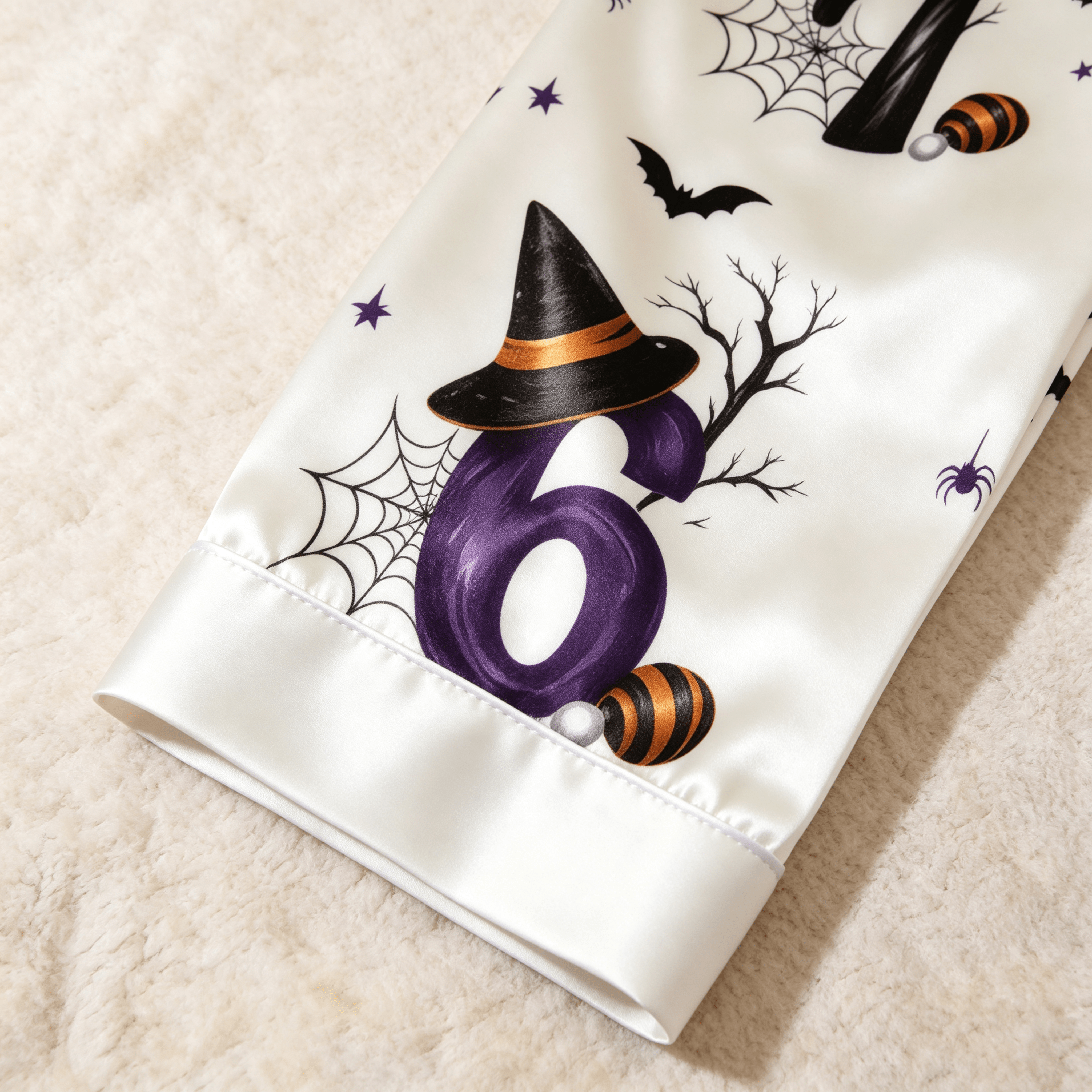 Orange Witch Hat & 67 Number Print Satin Button-Up Family Halloween Pajamas Set