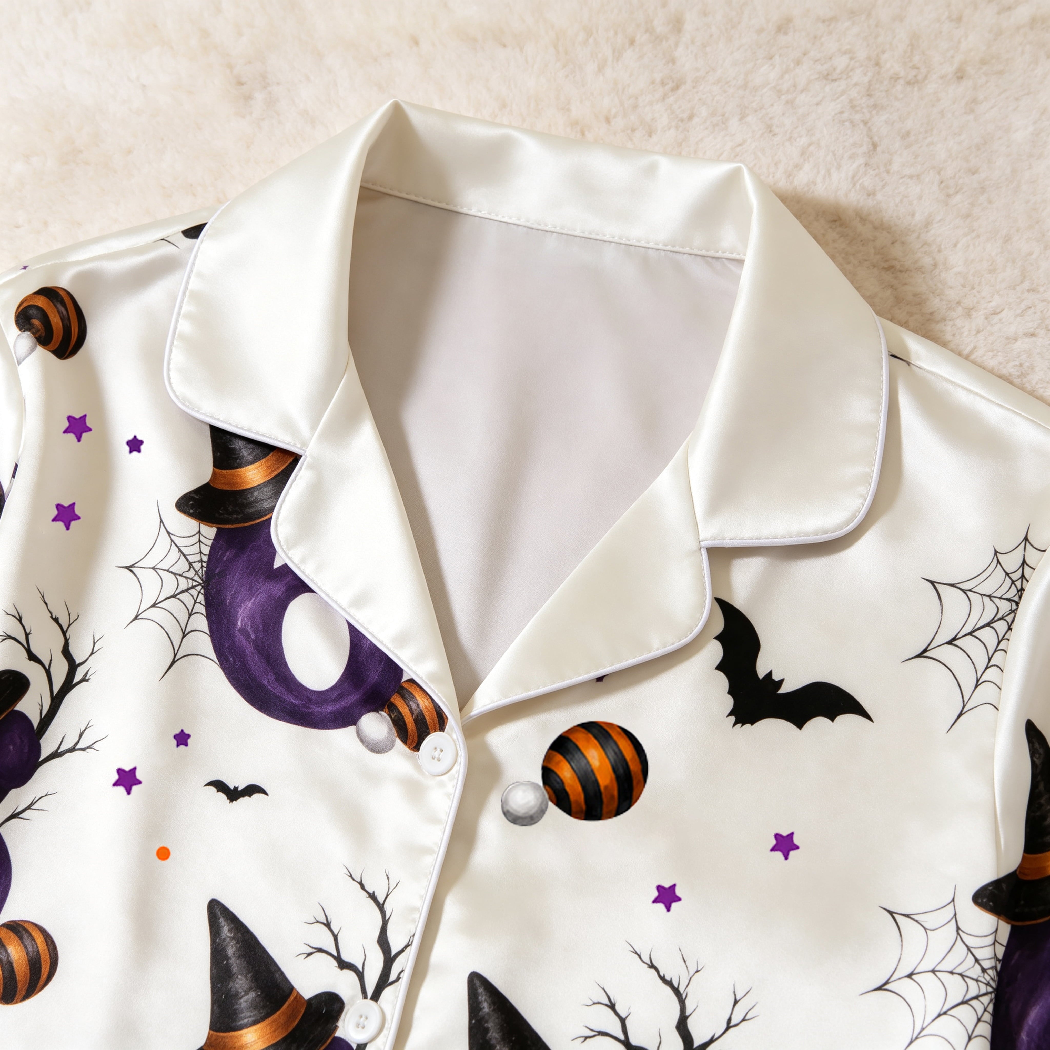 Orange Witch Hat & 67 Number Print Satin Button-Up Family Halloween Pajamas Set