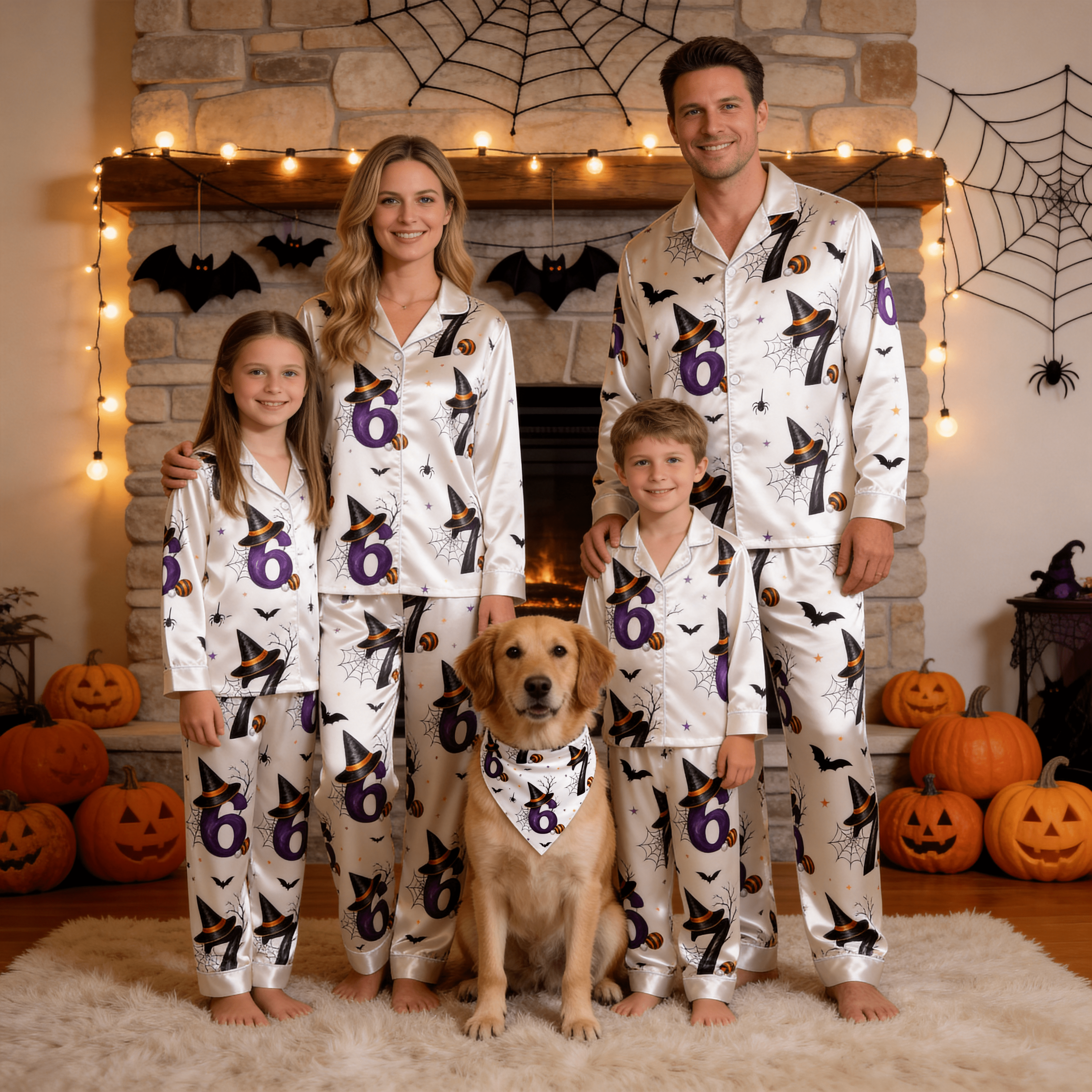 Orange Witch Hat & 67 Number Print Satin Button-Up Family Halloween Pajamas Set