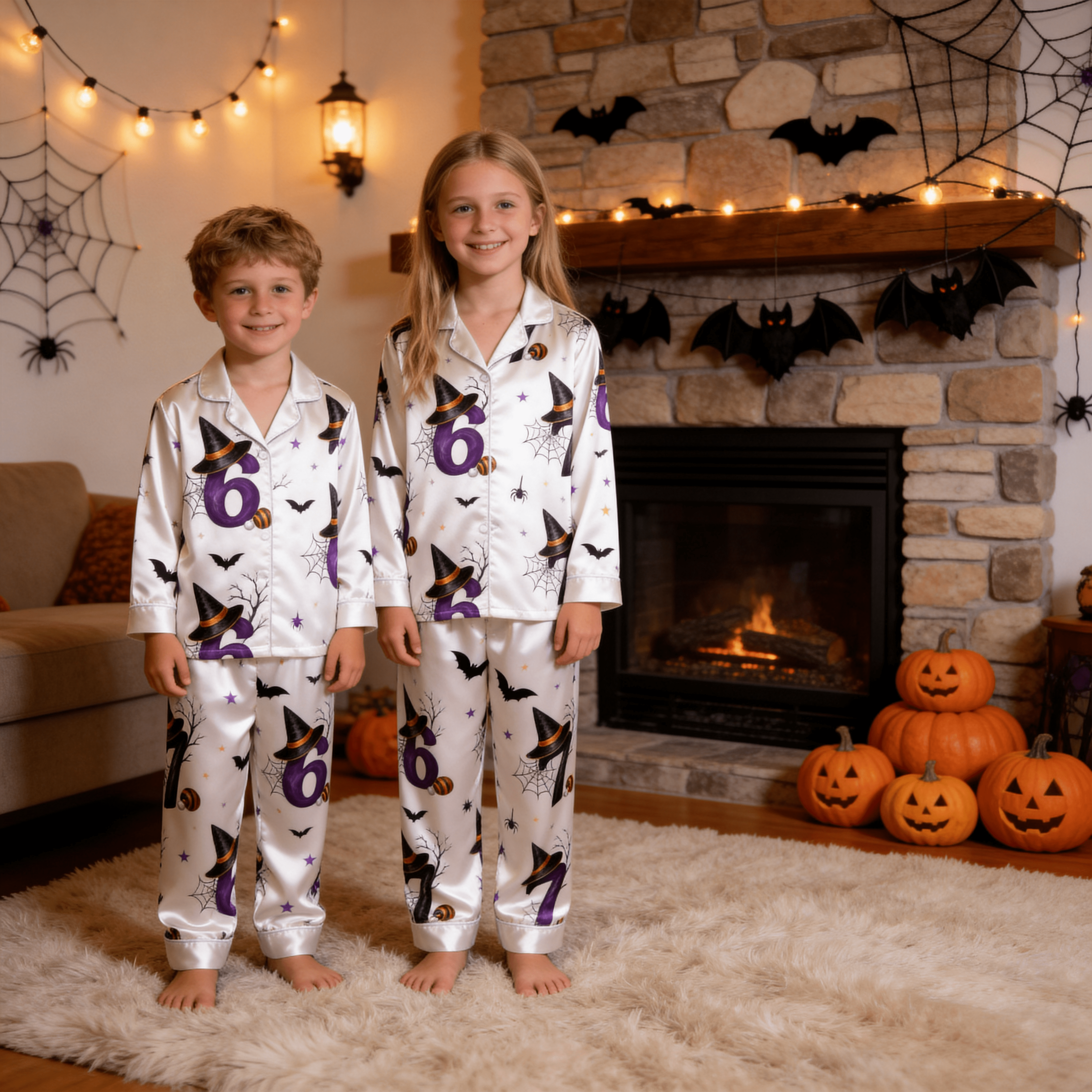Orange Witch Hat & 67 Number Print Satin Button-Up Family Halloween Pajamas Set