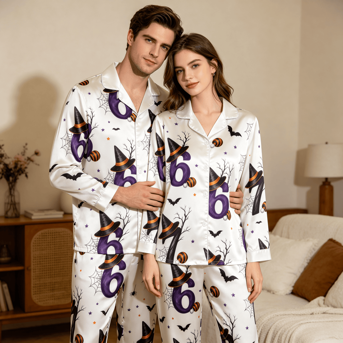 Halloween Number 67 Witch Hat Satin Matching Pajamas for Couples – Long Sleeve Button-Down Top & Pants Sleepwear Set