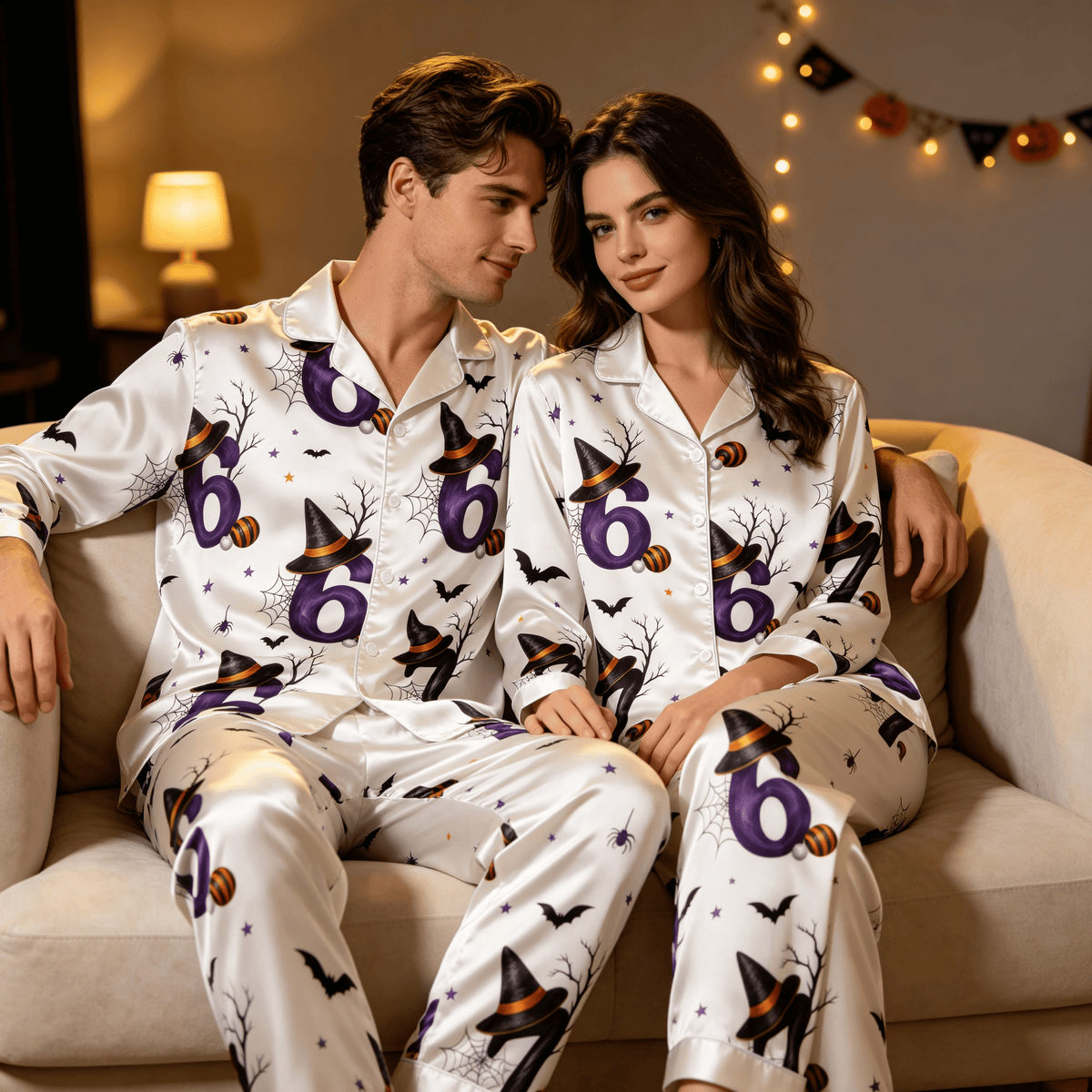 Halloween Number 67 Witch Hat Satin Matching Pajamas for Couples – Long Sleeve Button-Down Top & Pants Sleepwear Set