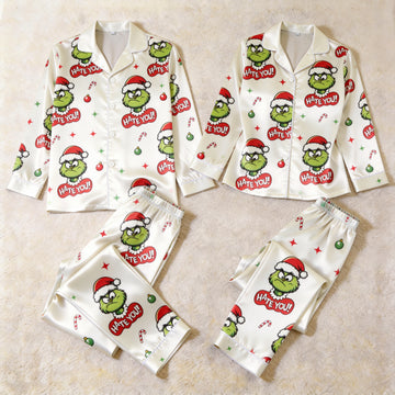 Holiday Cartoon Character and HATE YOU! Print Satin Matching Pajamas for Couples – Long Sleeve Button-Down Top & Pants Sleepwear Set