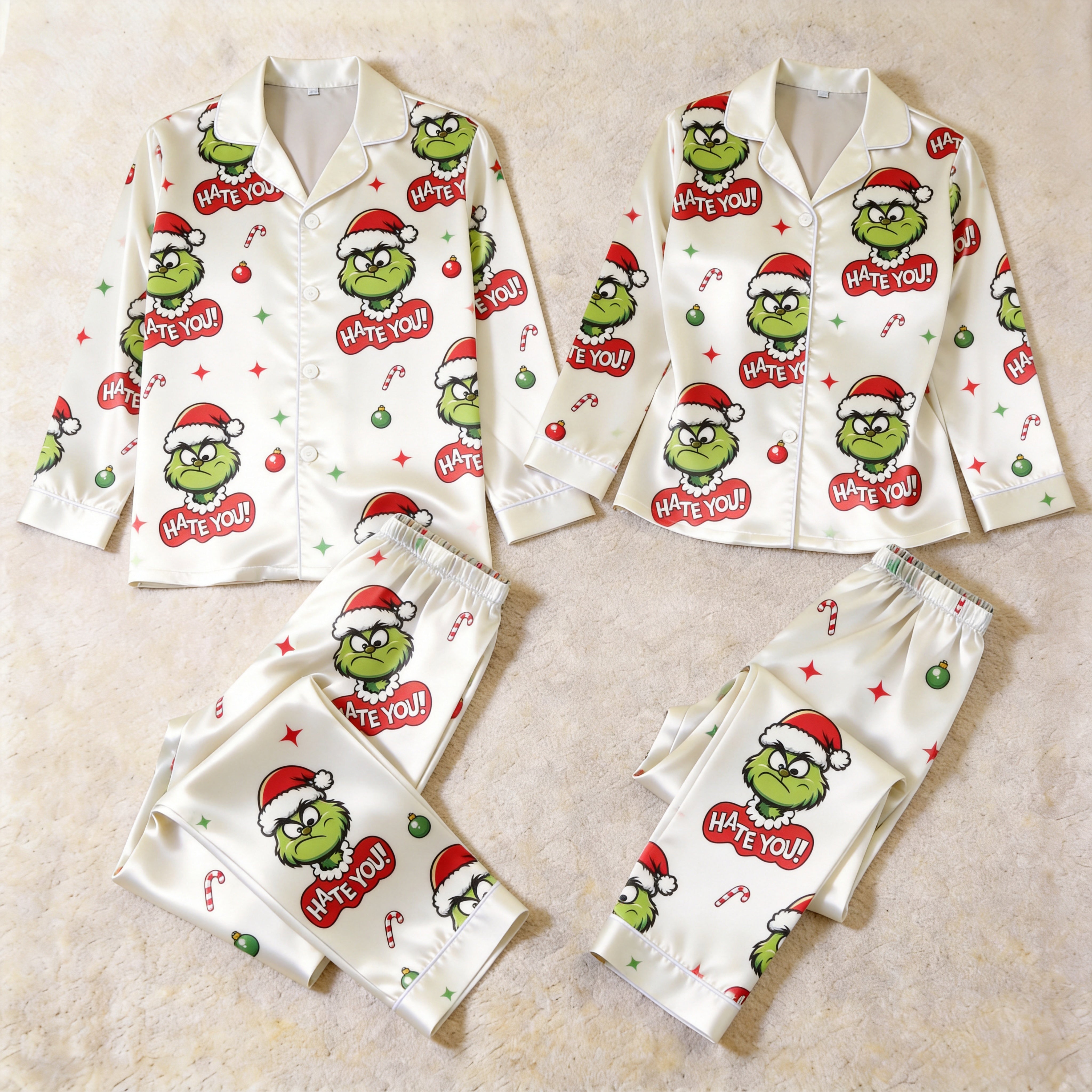 Holiday Cartoon Character and HATE YOU! Print Satin Matching Pajamas for Couples – Long Sleeve Button-Down Top & Pants Sleepwear Set