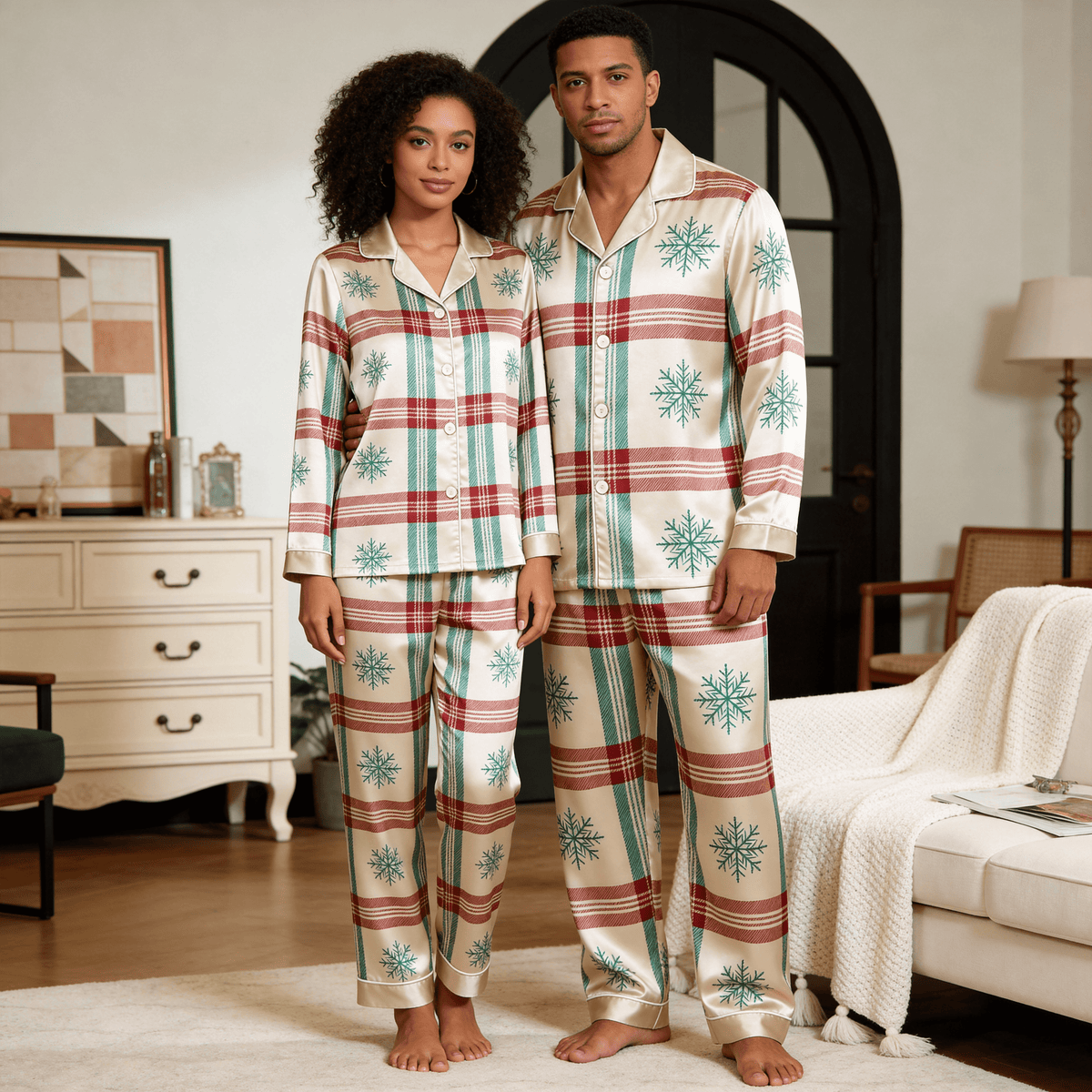 Snowflake Plaid Satin Matching Pajamas for Couples – Long Sleeve Button-Down Top & Pants Sleepwear Set
