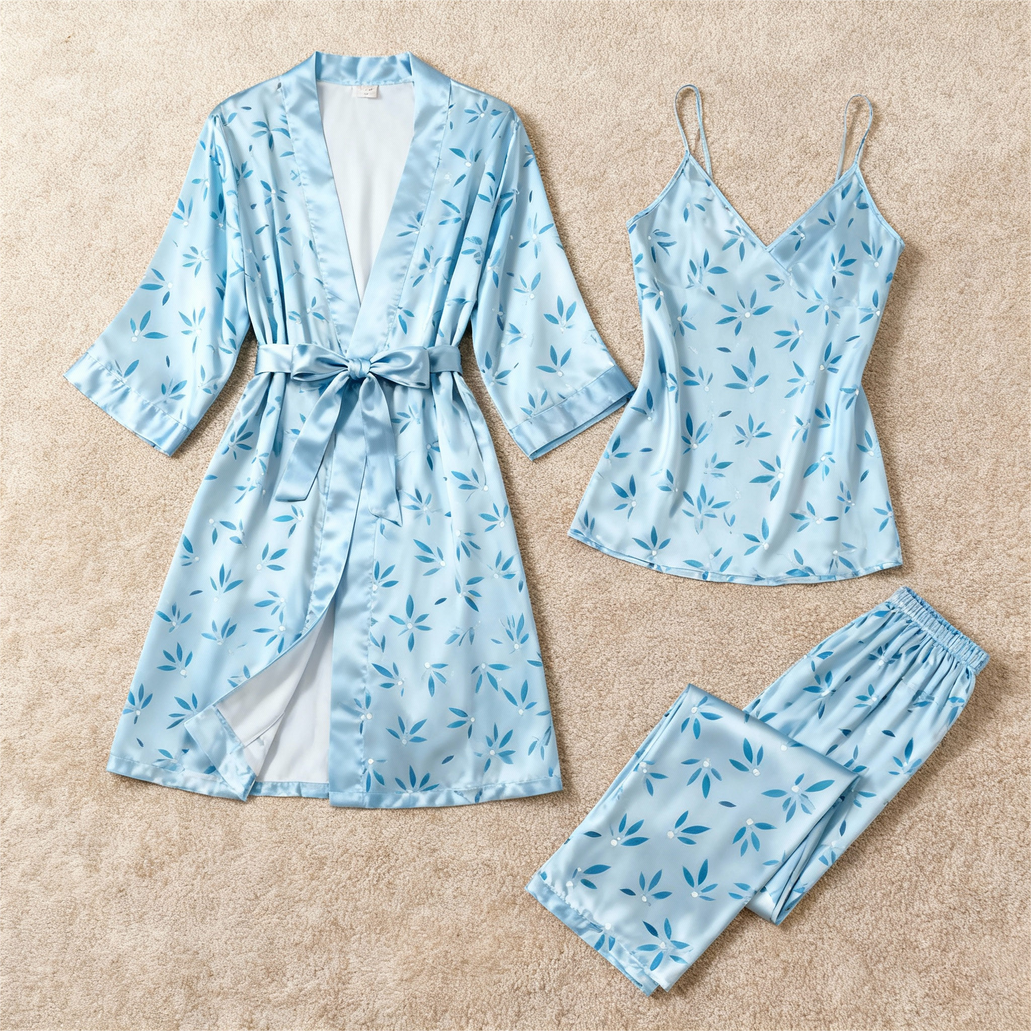 Women's Light Blue Silky Satin Homewear Set with Leaf Motifs