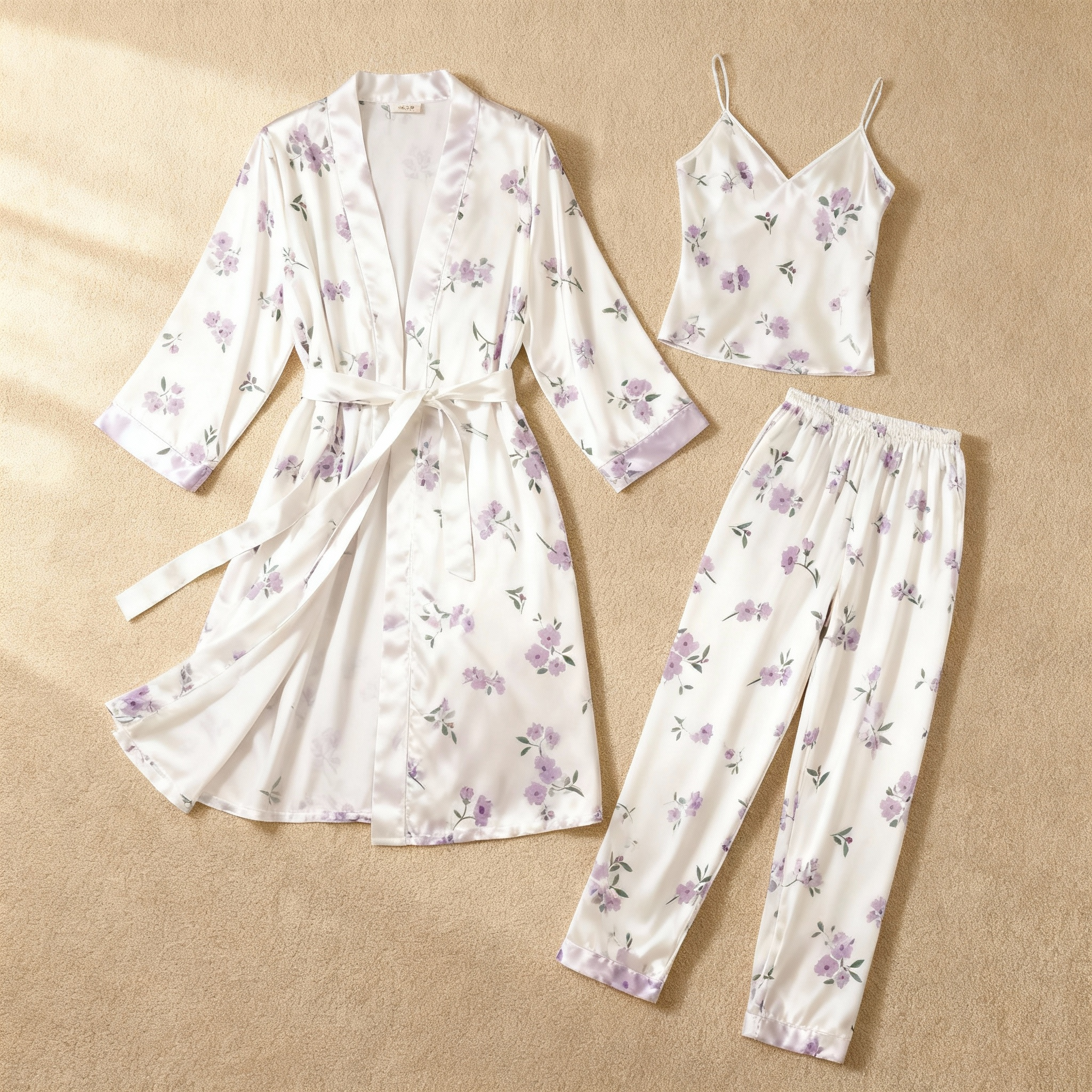 Silky Satin 3-Piece Nightwear Set with Pale Purple Florals Design