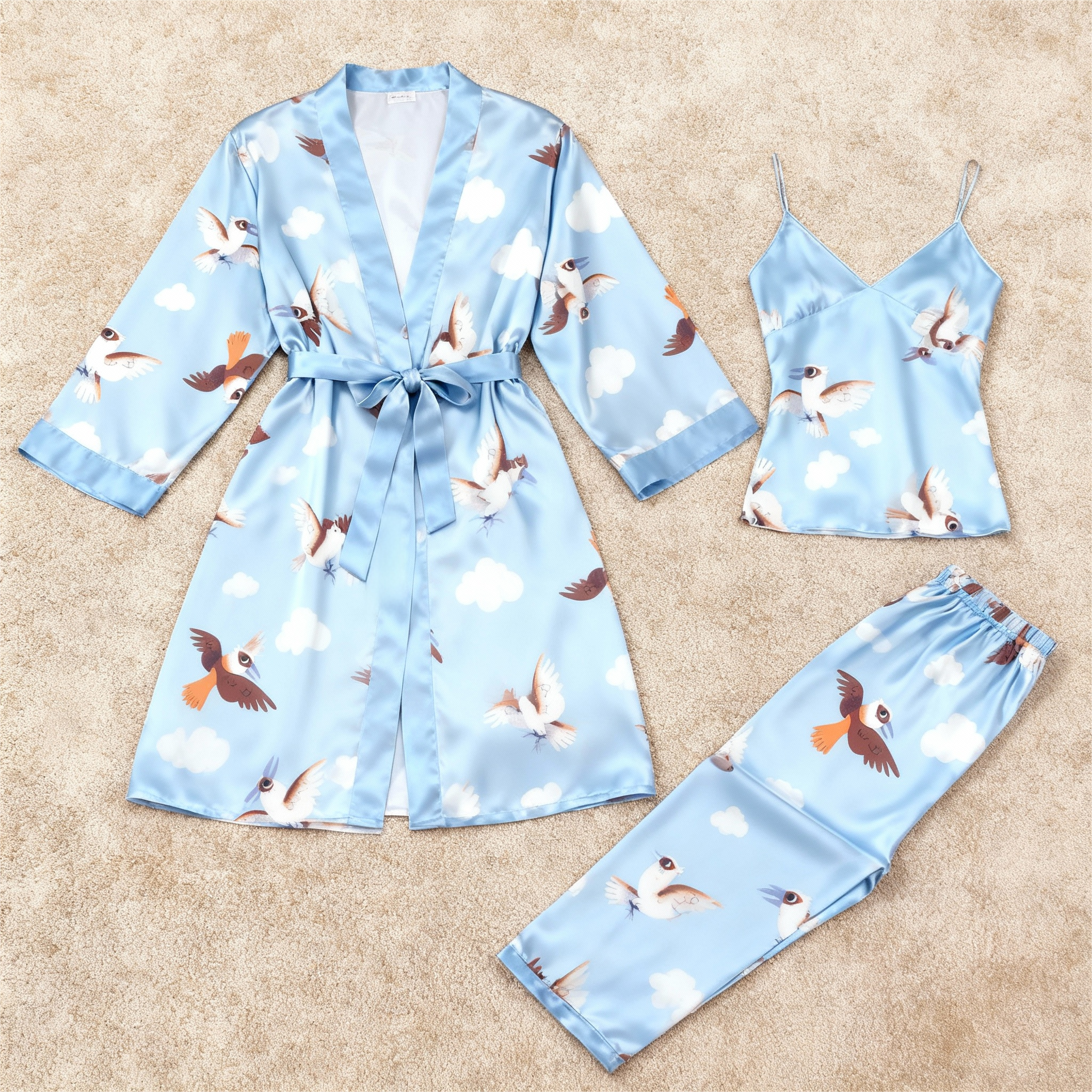 Women's Light Blue Silky Satin Homewear Set with Cute Bird Motifs