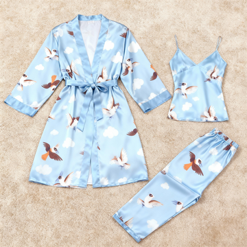 Women's Light Blue Silky Satin Homewear Set with Cute Bird Motifs
