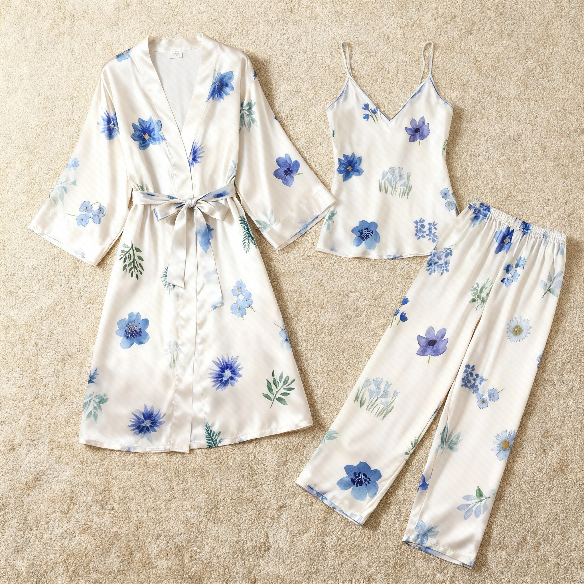 Silky Satin 3-Piece Nightwear Set with Blue Florals Design