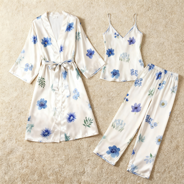 Silky Satin 3-Piece Nightwear Set with Blue Florals Design