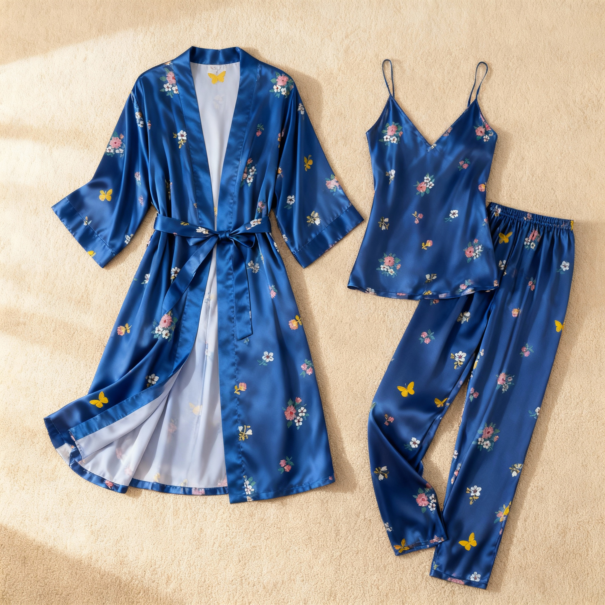 Women's Navy Silky Satin Homewear Set with Soft Pastel Blossoms Motifs