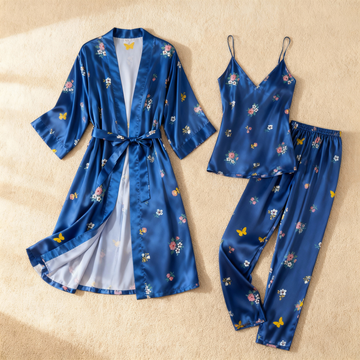 Women's Navy Silky Satin Homewear Set with Soft Pastel Blossoms Motifs