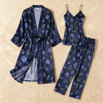 Women's Silky Satin Homewear Set with Purple Blossoms Motifs