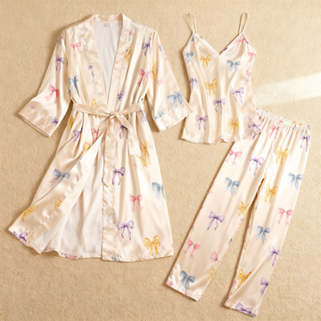 Women's Silky Satin Homewear Set with Dreamy Bowknot Motifs