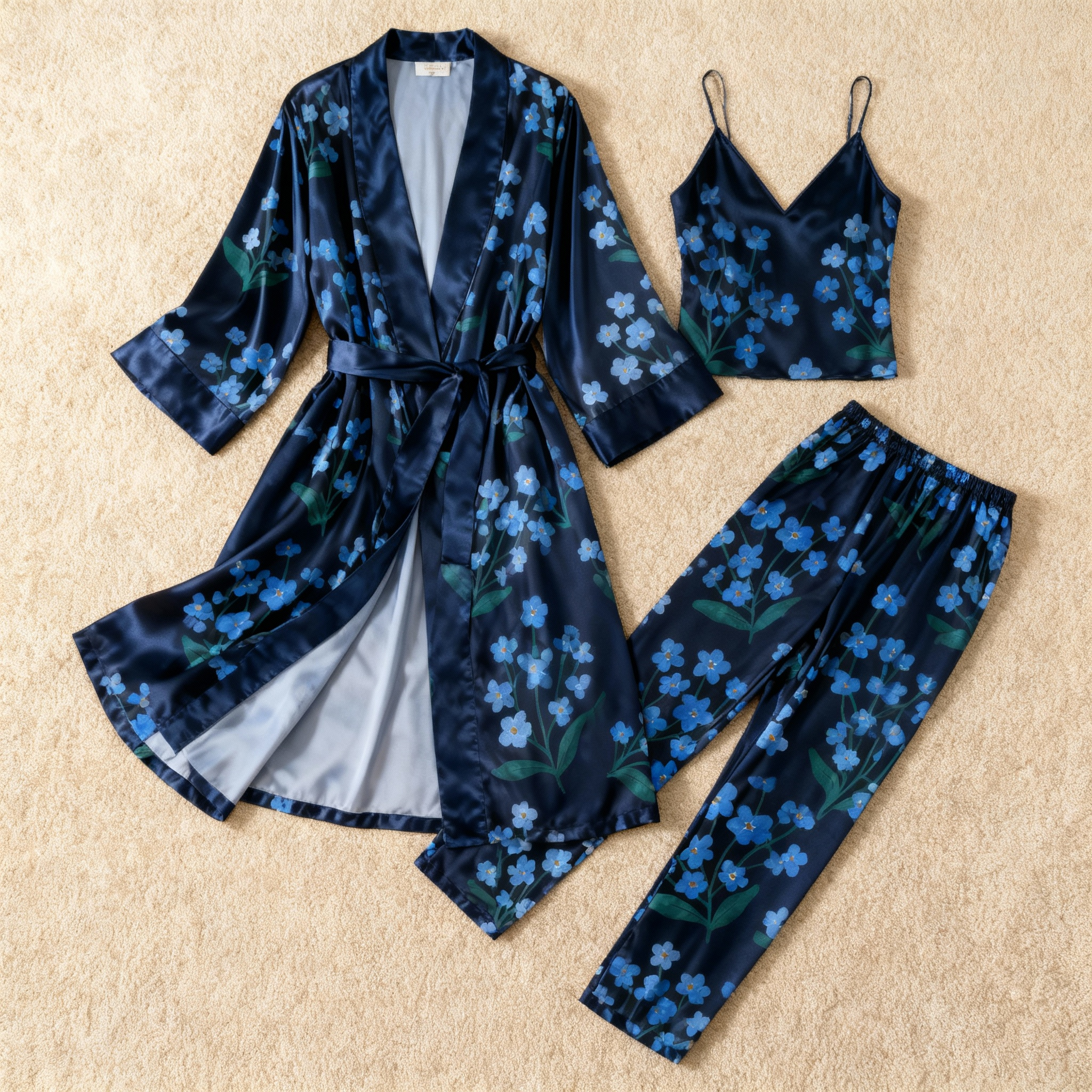 Women's Silky Satin Homewear Set with Blue Blossoms Motifs