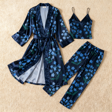 Women's Silky Satin Homewear Set with Blue Blossoms Motifs