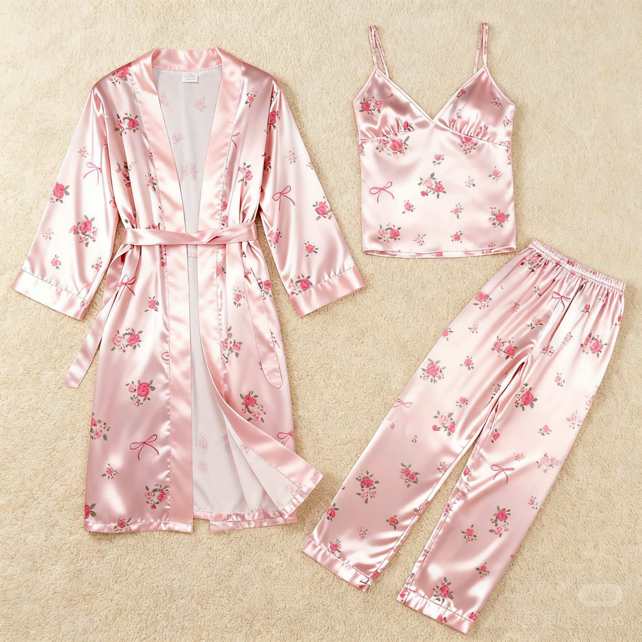 Women's Pink Silky Satin Homewear Set in Blossoms Style