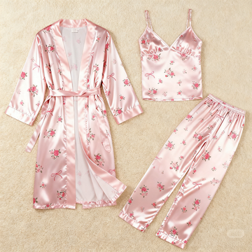 Women's Pink Silky Satin Homewear Set in Blossoms Style