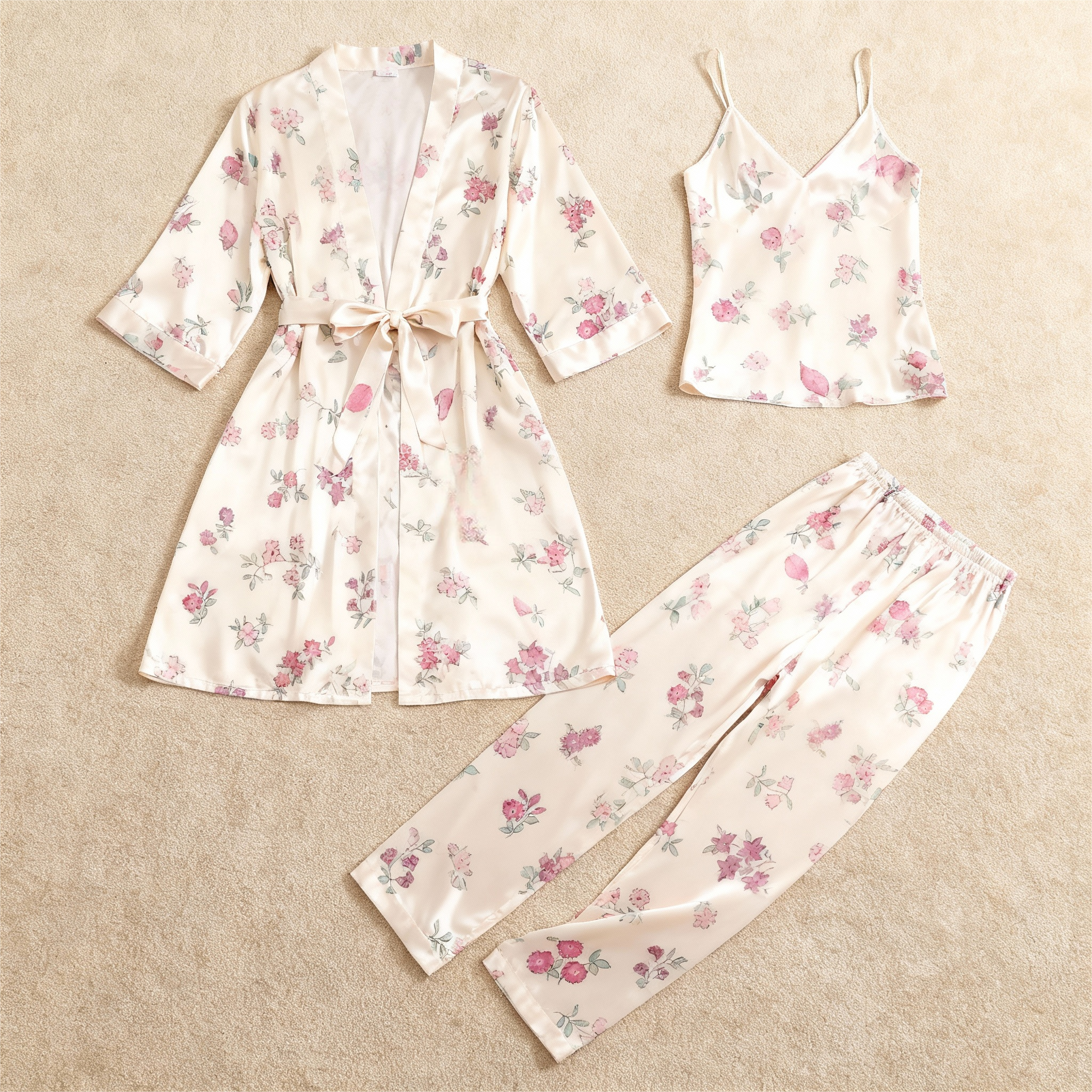 Women's Silky Satin Homewear Set with Pink Floral Motifs