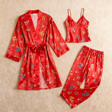 Silky Satin 3-Piece Nightwear Set in Romance Style