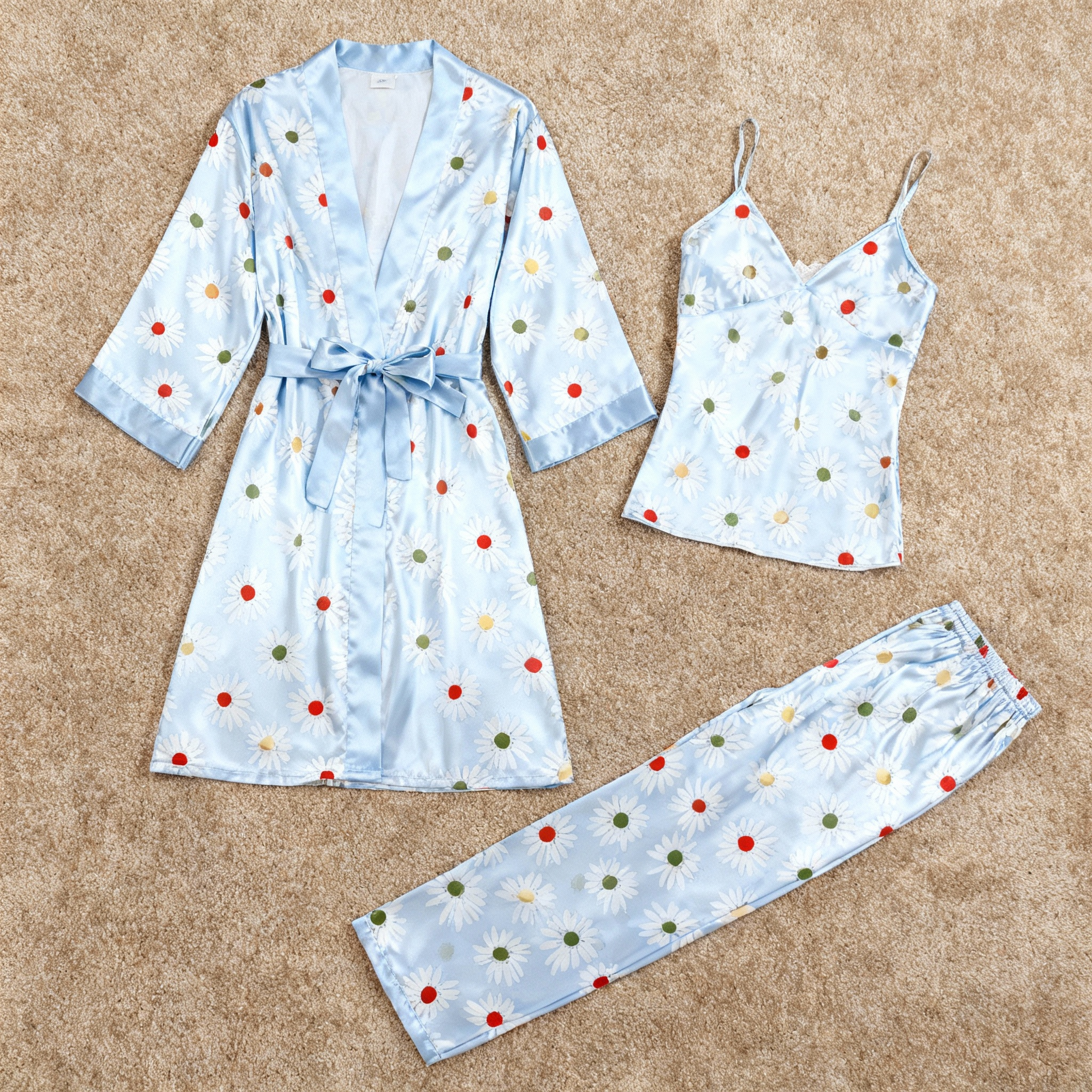 Women's Light Blue Silky Satin Homewear Set with Daisy Floral Motifs