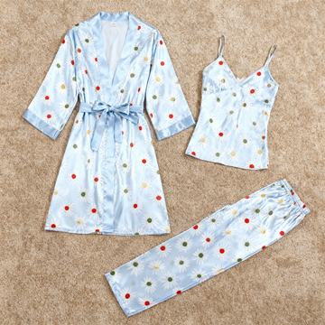 Women's Light Blue Silky Satin Homewear Set with Daisy Floral Motifs