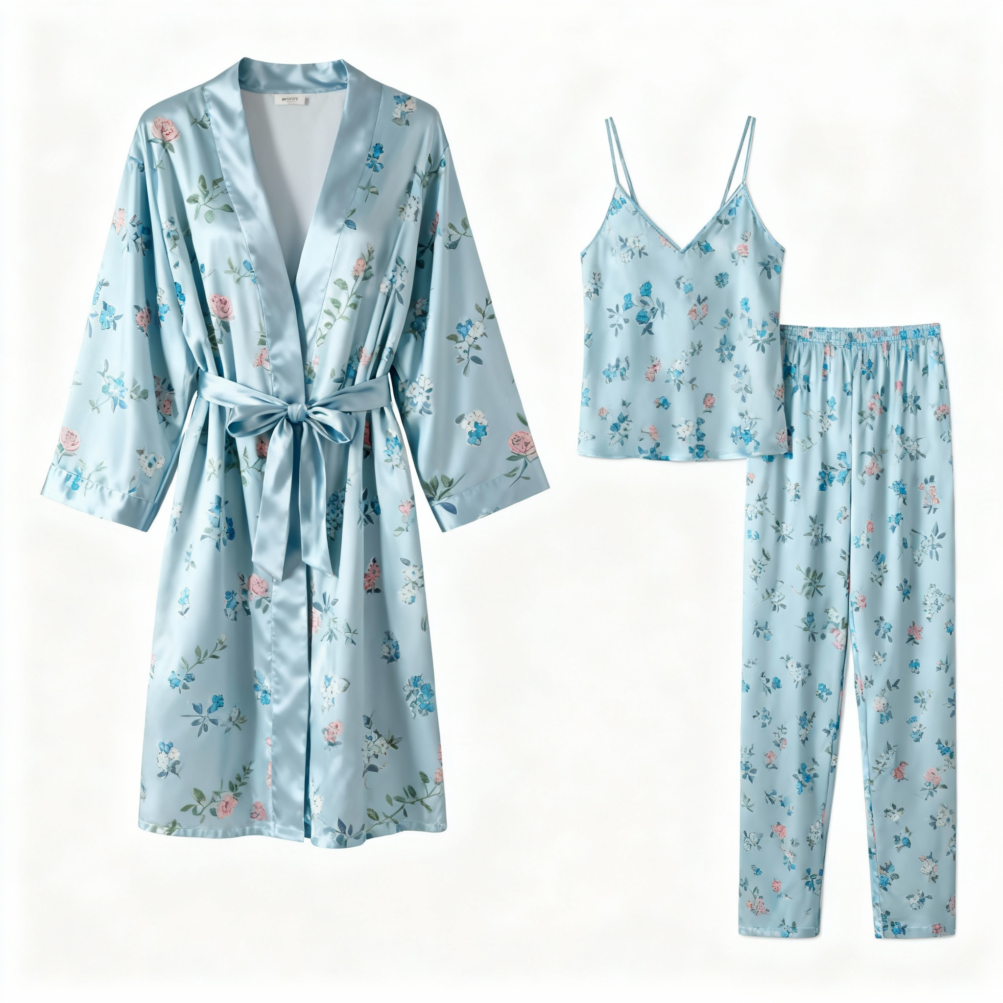 Women's Light Blue Silky Satin Homewear Set with Floral Motifs