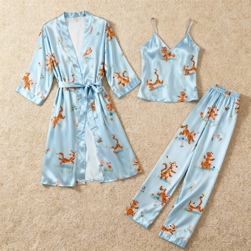 Silky Satin 3-Piece Pale Blue Nightwear Set with Playful Animal Design