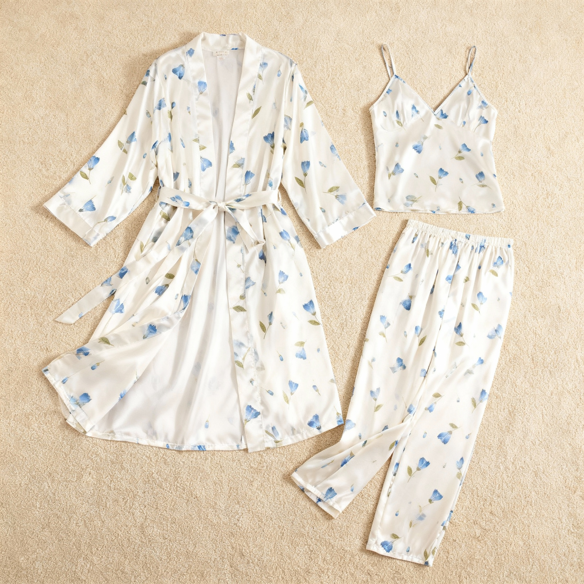Women's Silky Satin Homewear Set with Watercolor Blue Floral Motifs
