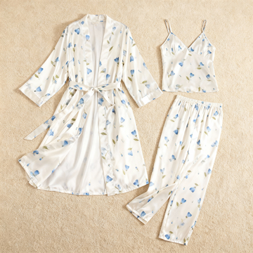 Women's Silky Satin Homewear Set with Watercolor Blue Floral Motifs
