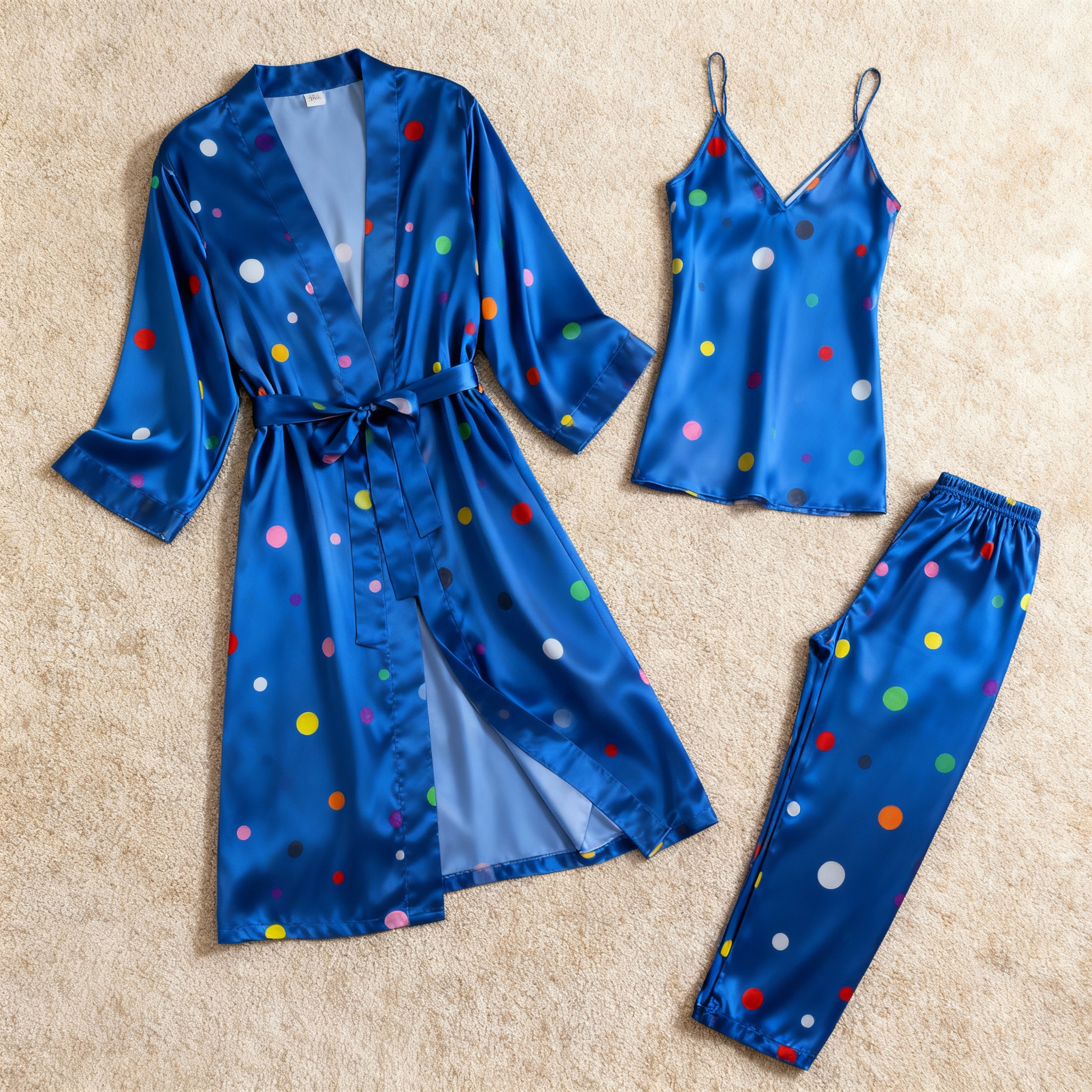 Women's Blue Silky Satin Homewear Set with Classic Polka Dot Motifs