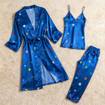 Women's Blue Silky Satin Homewear Set with Classic Polka Dot Motifs