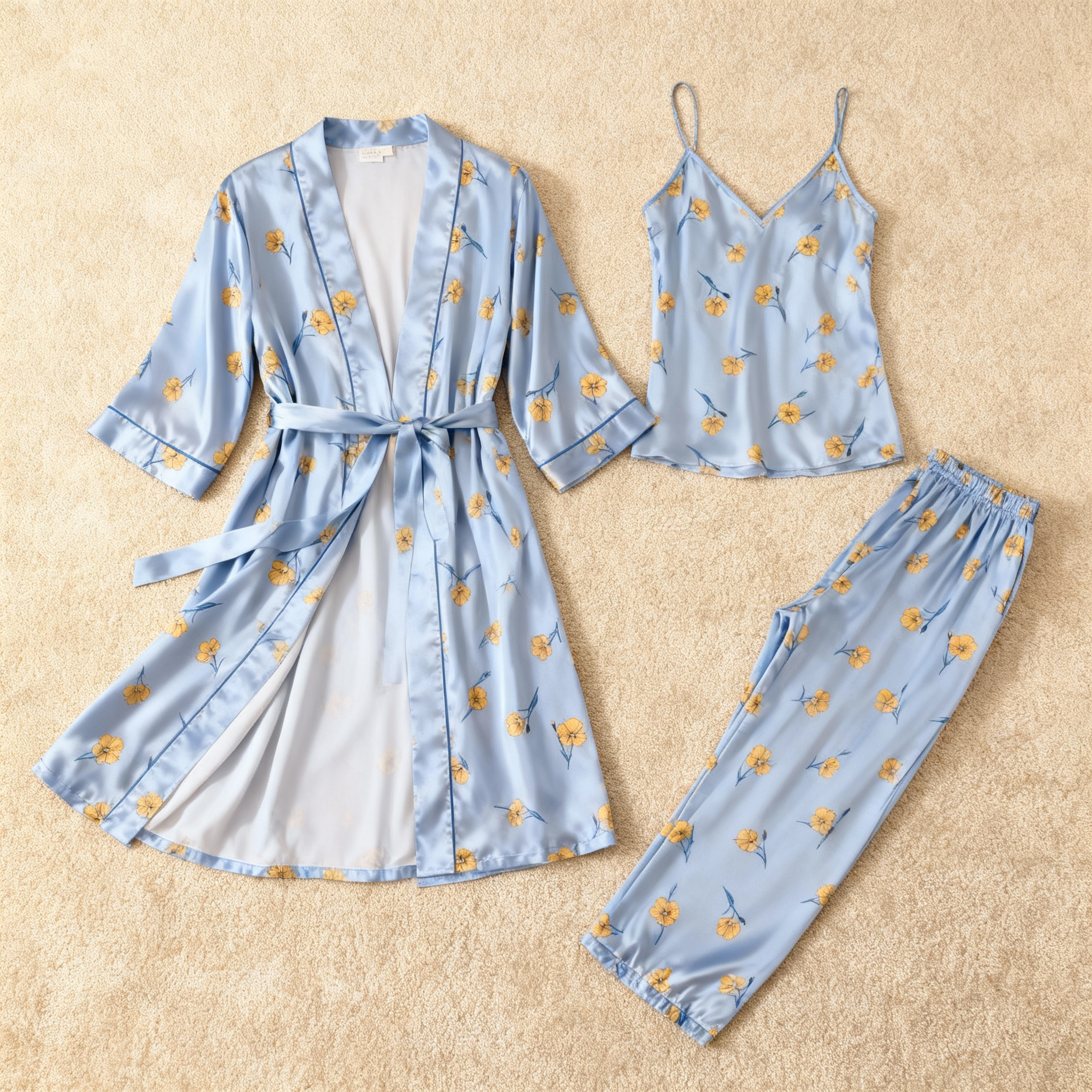 Women's Blue Silky Satin Homewear Set with Yellow Floral Motifs