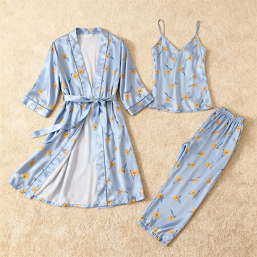 Women's Blue Silky Satin Homewear Set with Yellow Floral Motifs