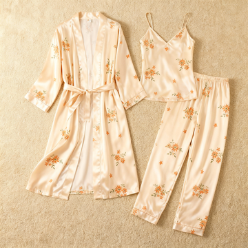 Silky Satin 3-Piece Nightwear Set with Tiny Florals Design