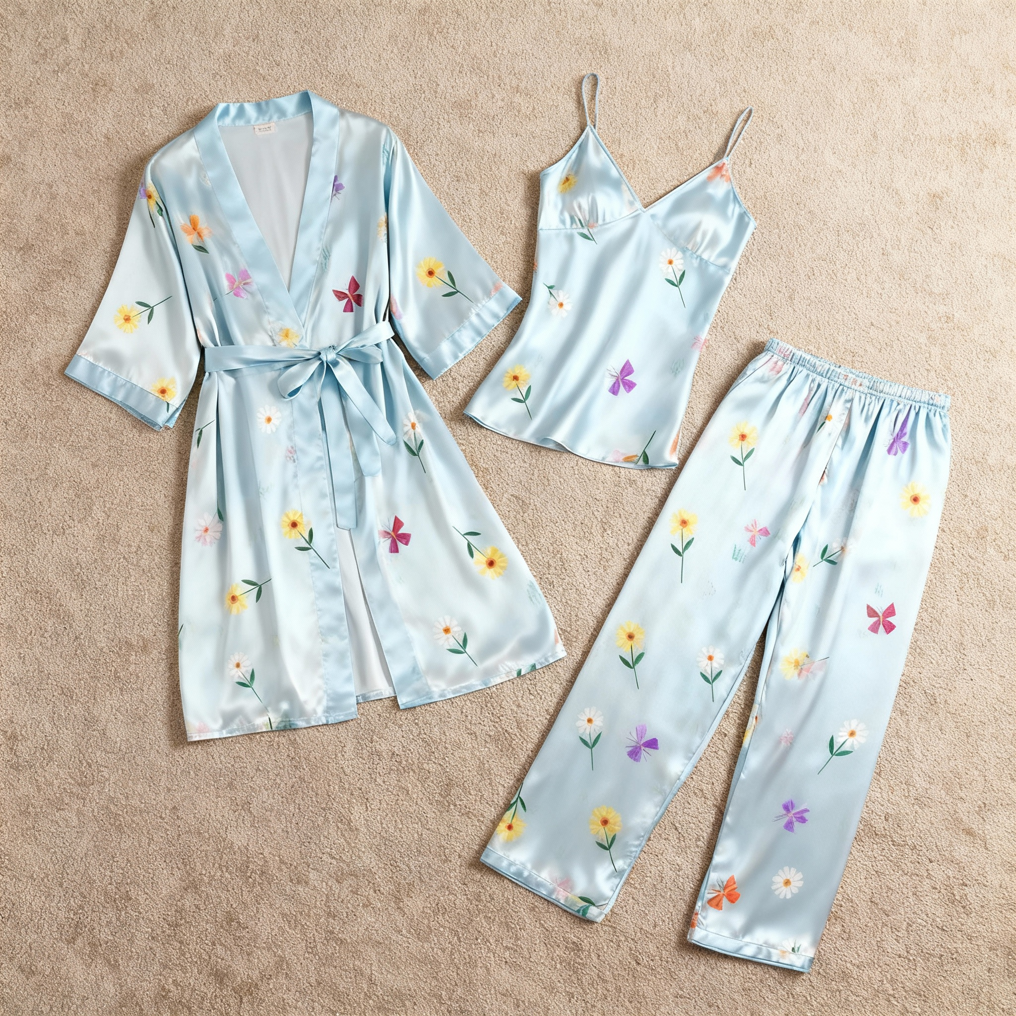 Silky Satin 3-Piece Pale Blue Nightwear Set with Daisy Florals Design