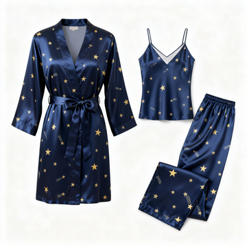 Women's Navy Silky Satin Homewear Set with Star Motifs