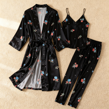 Women's Black Silky Satin Homewear Set with Romantic Floral Motifs